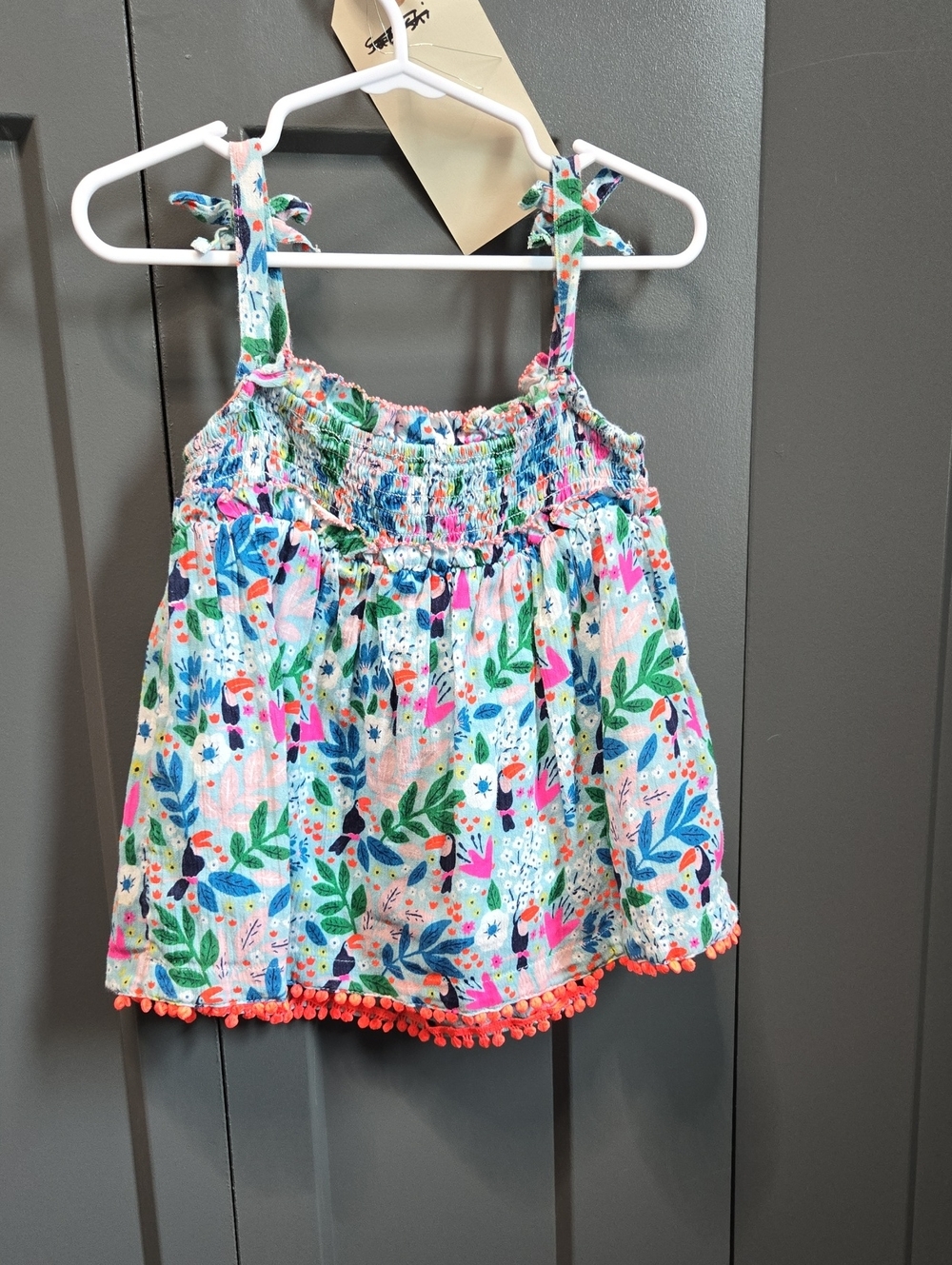 Mini Boden Multicolor Floral & Toucan Smocked Tank with Coral Pom Trim
